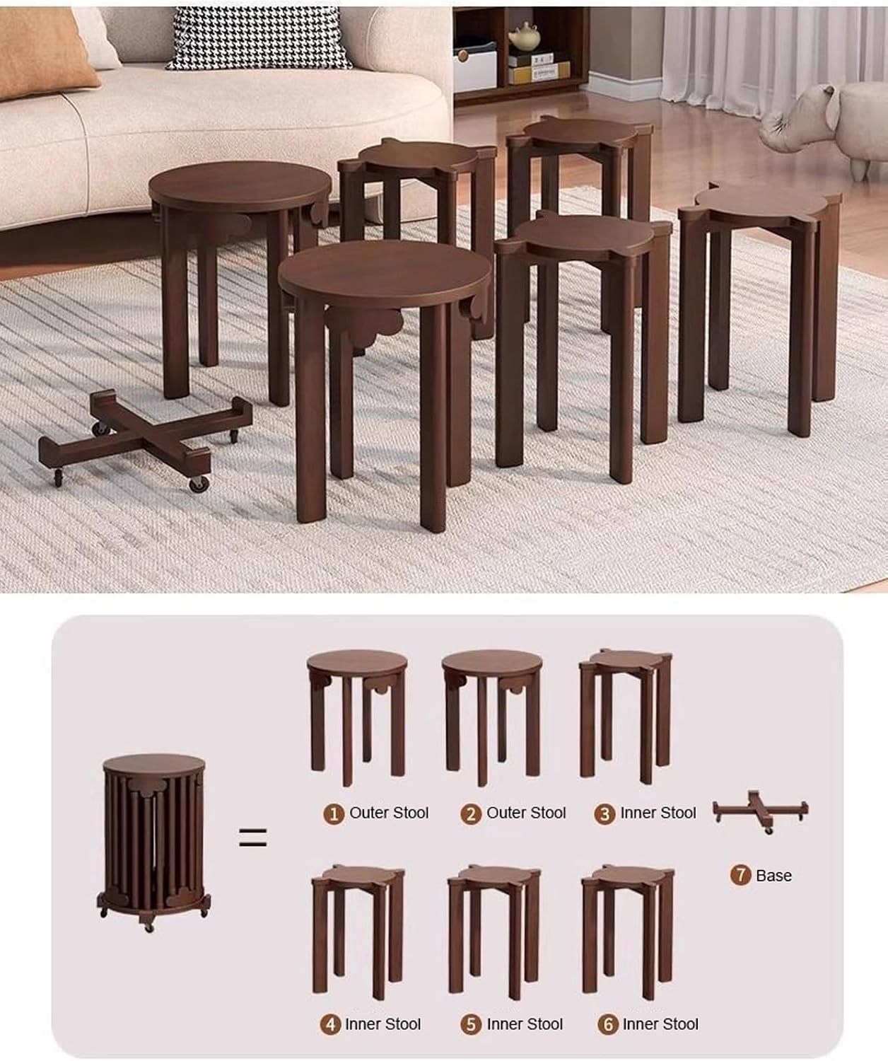 Stackable Stools Set of 6, Round Wooden Nesting Stools with Locking Casters, 360°Swivel Versatile Side Table for Living Room, Office, Classroom(Cherry)