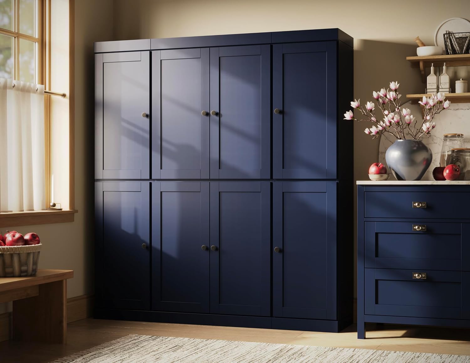 Palace Imports Solid Wood Pantry Cabinet – 71.5" Tall x 65" W - Wooden Storage Cabinet w/ 8 Shaker Doors, 2 Drawers, 12 Adjustable Shelves - Kitchen Cupboard - Navy Blue, 100% Eco-Friendly Pine Wood