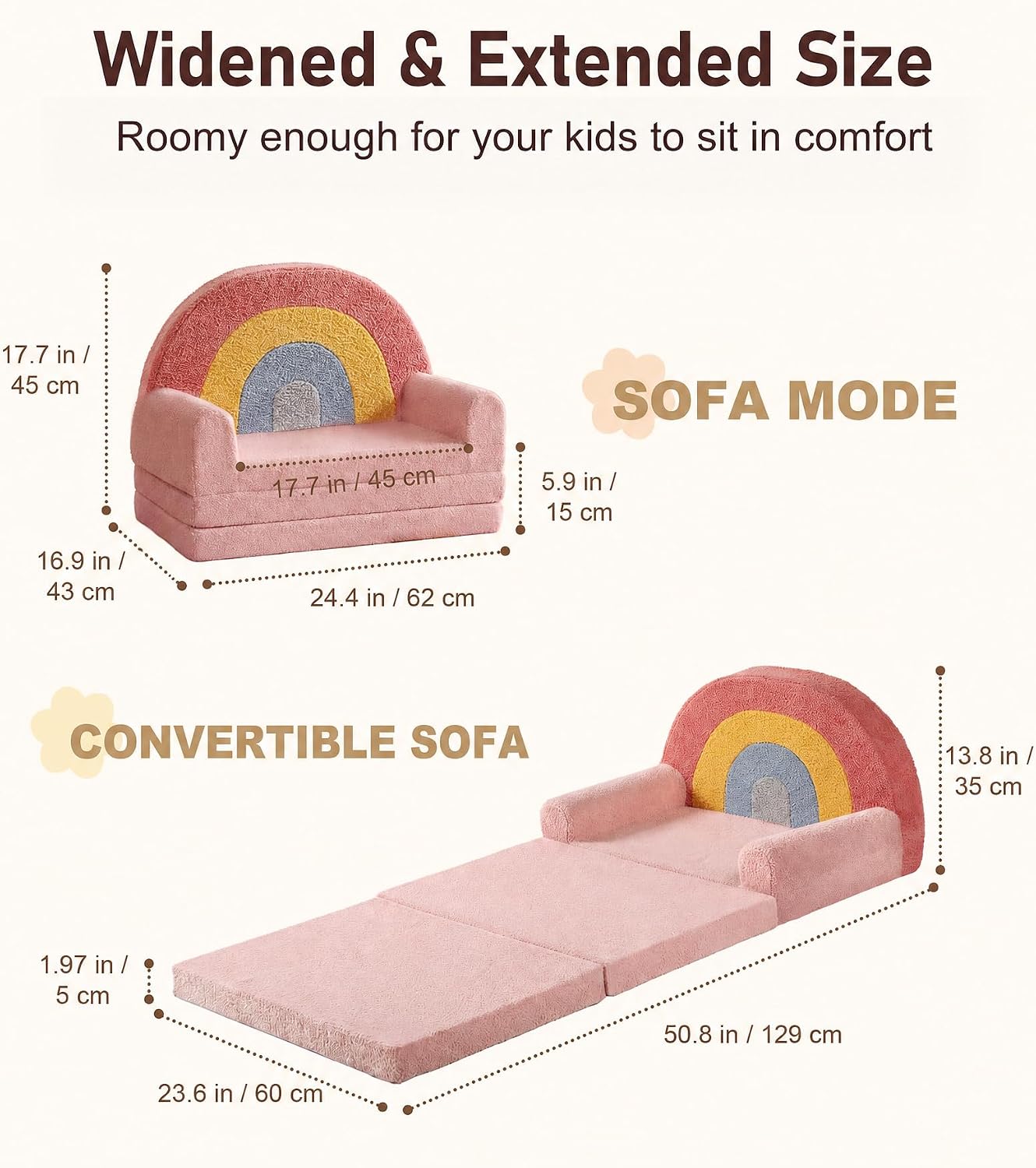 little dove Extra Wide Soft Kids Couch Fold Out, 2-in-1 Kids Couch, Convertible Kid Sofa, Kid Furniture for Playroom, Ideal Gifts for Boys & Girls Ages 3+, Pink
