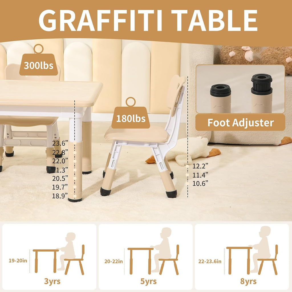 Hulaibit Kids Table and 4 Chairs Set, Height Adjustable Toddler Table and Chairs Set, Graffiti Desktop Children Activity Table for Ages 3-8, Daycare, Classroom, Home