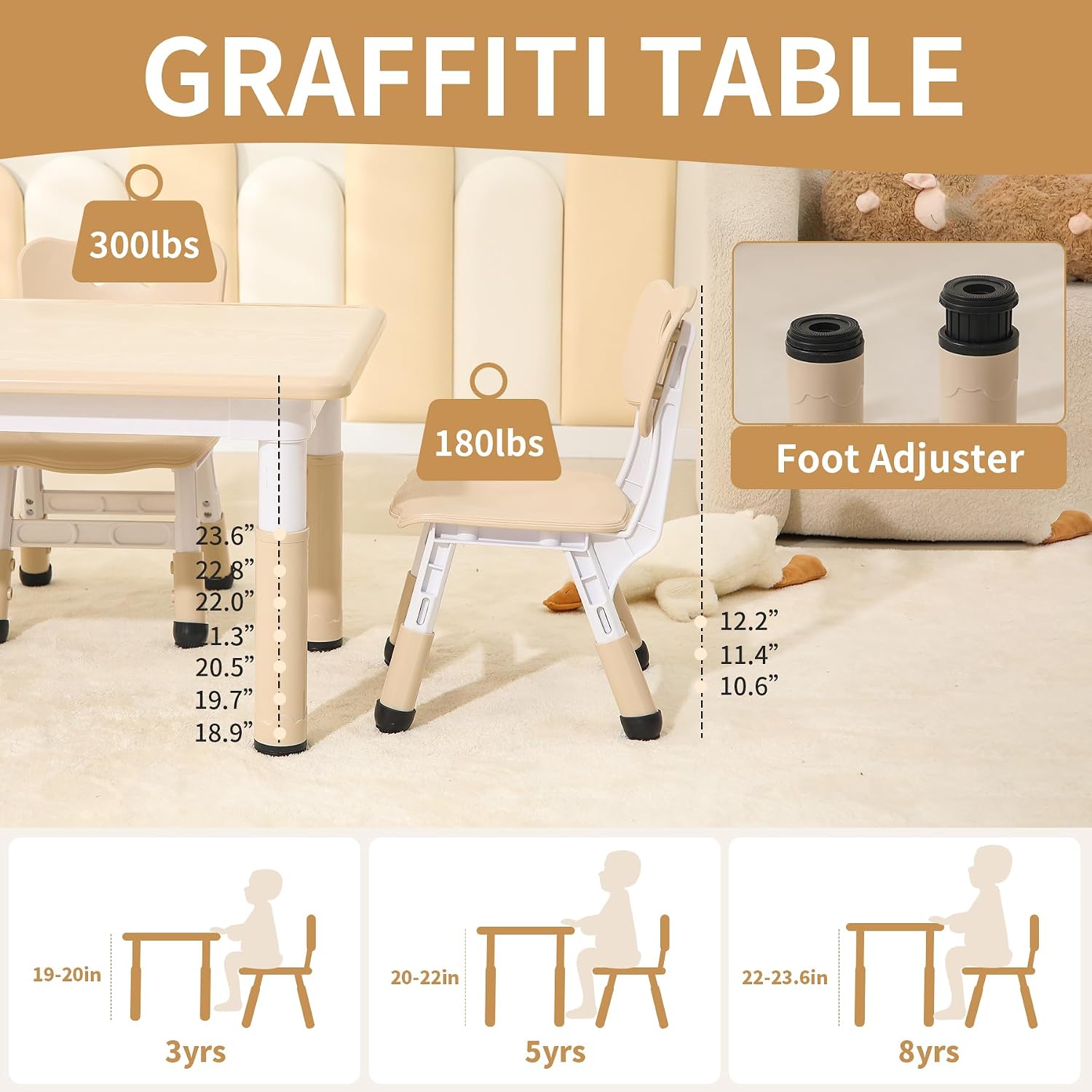 Hulaibit Kids Table and 4 Chairs Set, Height Adjustable Toddler Table and Chairs Set, Graffiti Desktop Children Activity Table for Ages 3-8, Daycare, Classroom, Home