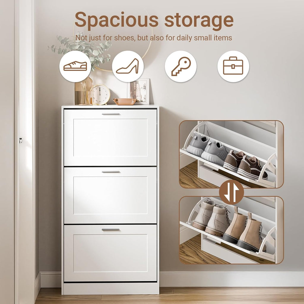 SoBuy Shoe Storage Cabinet Entryway, Freestanding Shoe Cabinet with 3 Flip-Drawers Fully Enclosed Tall Shoe Rack Shoe Organizer, White, FSR137-L-W