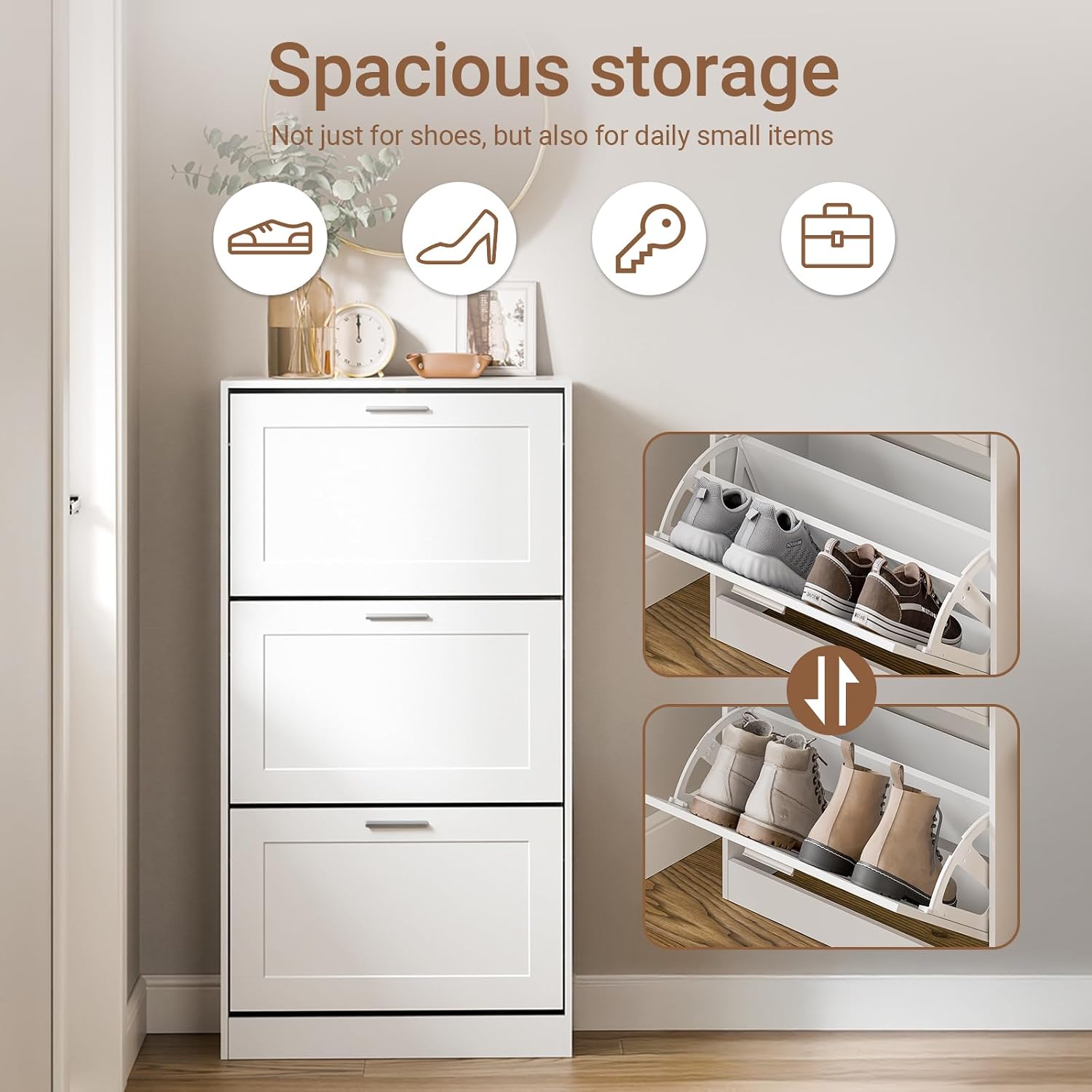 SoBuy Shoe Storage Cabinet Entryway, Freestanding Shoe Cabinet with 3 Flip-Drawers Fully Enclosed Tall Shoe Rack Shoe Organizer, White, FSR137-L-W