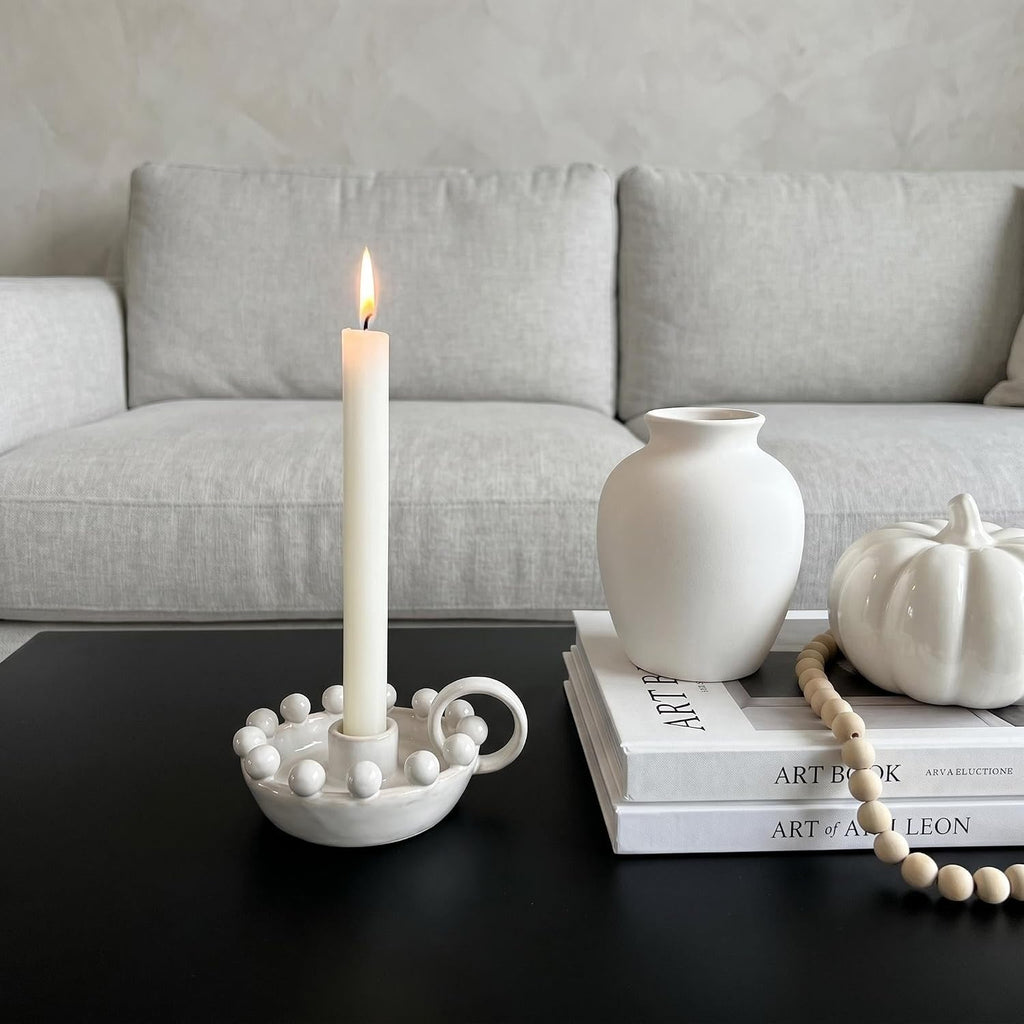 Ceramic Taper Candle Holder with Handle,Vintage White Glaze Farmhouse Beads Candlestick Holders for Mantel, Dining Home Decoration