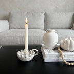 Ceramic Taper Candle Holder with Handle,Vintage White Glaze Farmhouse Beads Candlestick Holders for Mantel, Dining Home Decoration
