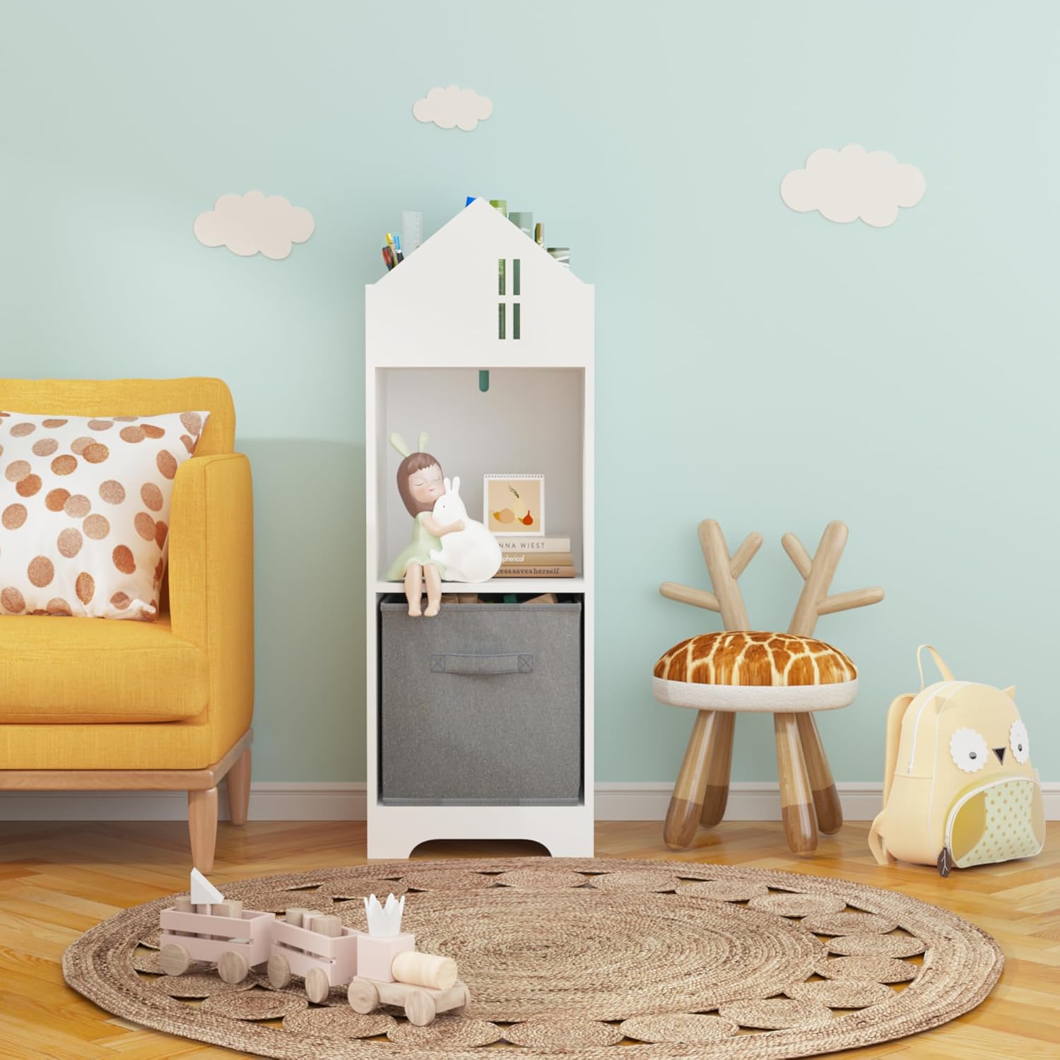 Bookcase with Storage, 2 Tier Storage Display Organizer, Toddler Bookshelf with Collapsible Fabric Drawers for Bedroom or Playroom (White,Gray)