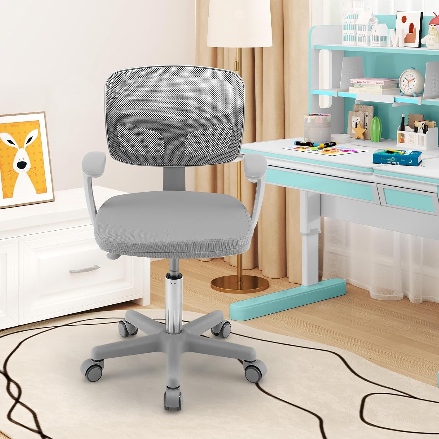Giantex Kids Desk Chair, Ergonomic Adjustable Teen Task Chair w/Y-Shaped Lumbar Support, Armrest & Universal Wheels, Mesh Kid Office Chair for Sturdy, Kids Computer Chair for Boys & Girls 4-12, Grey