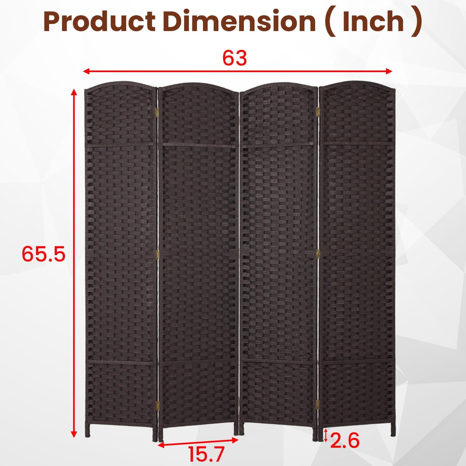 FDW Room Divider 4 Panel Screen 5.6 Ft Tall Partition Privacy Screens Folding Room Separation Free Standing Waterproof Wood Frame Wall Divider, Dark Brown