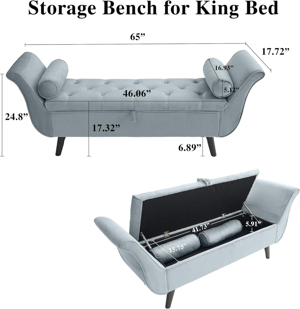 65" Velvet Storage Bench, 65" Vintage Upholstered Rolled Armed Button Tufted Stool Bench for Bedroom, Living Room, Entryway, Hallway, Dressing Room (Light Grey)