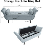 65" Velvet Storage Bench, 65" Vintage Upholstered Rolled Armed Button Tufted Stool Bench for Bedroom, Living Room, Entryway, Hallway, Dressing Room (Light Grey)