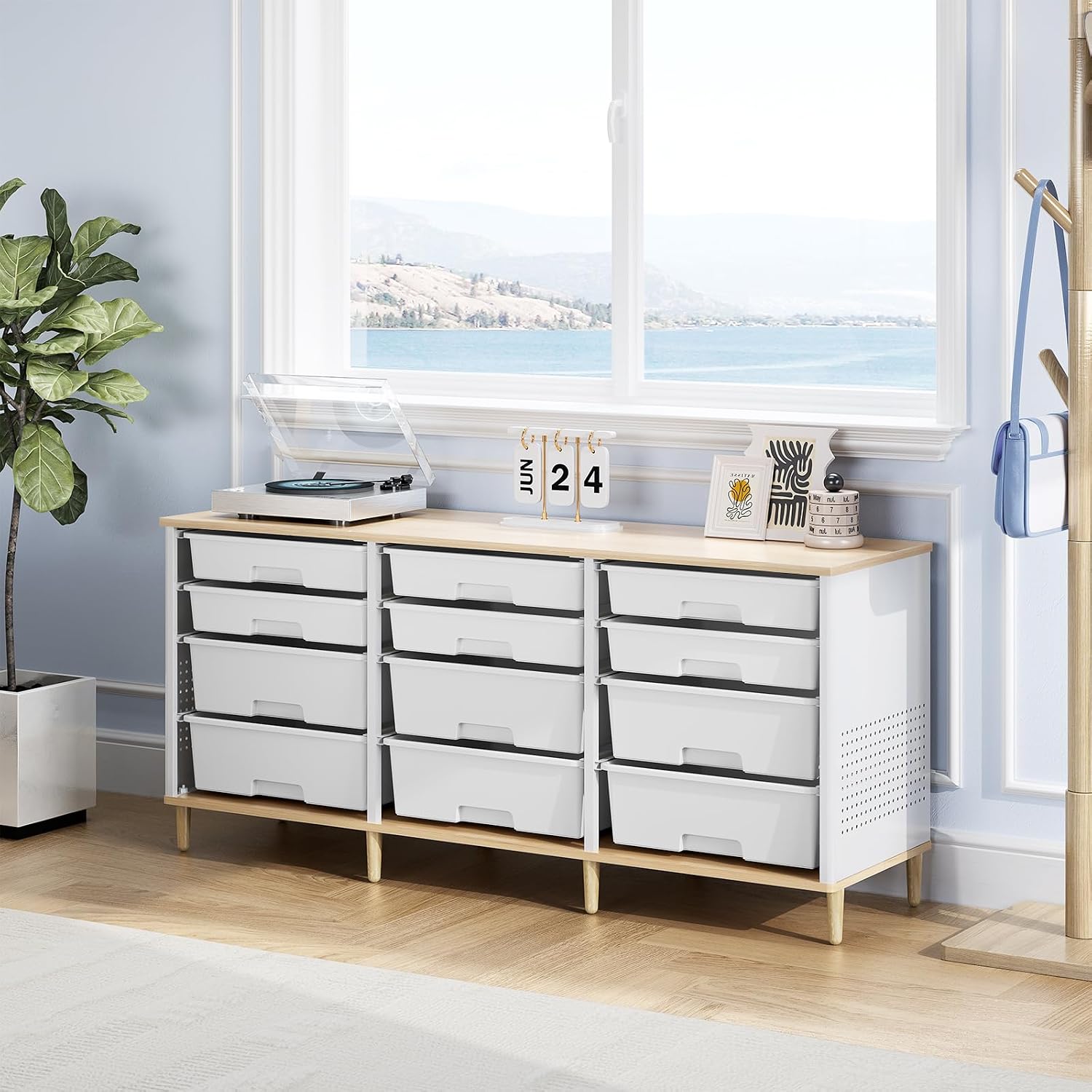 TOOLF 12 Drawers Storage Cabinet with Wooden Top and Plastic Bins, White | Toy Shelf Storage Chest Cubby Organizer, for Home, Office, Playroom, Classroom & Craft Room