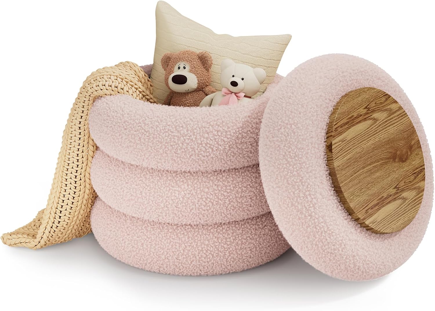 Soft Teddy Round Ottoman with Tray, 17.5 Inches Ottoman Coffee Table with Storage for Living Room, Vanity Stool with Storage Bedroom, Load up to 300 lb, No Assembly Required (Pink)