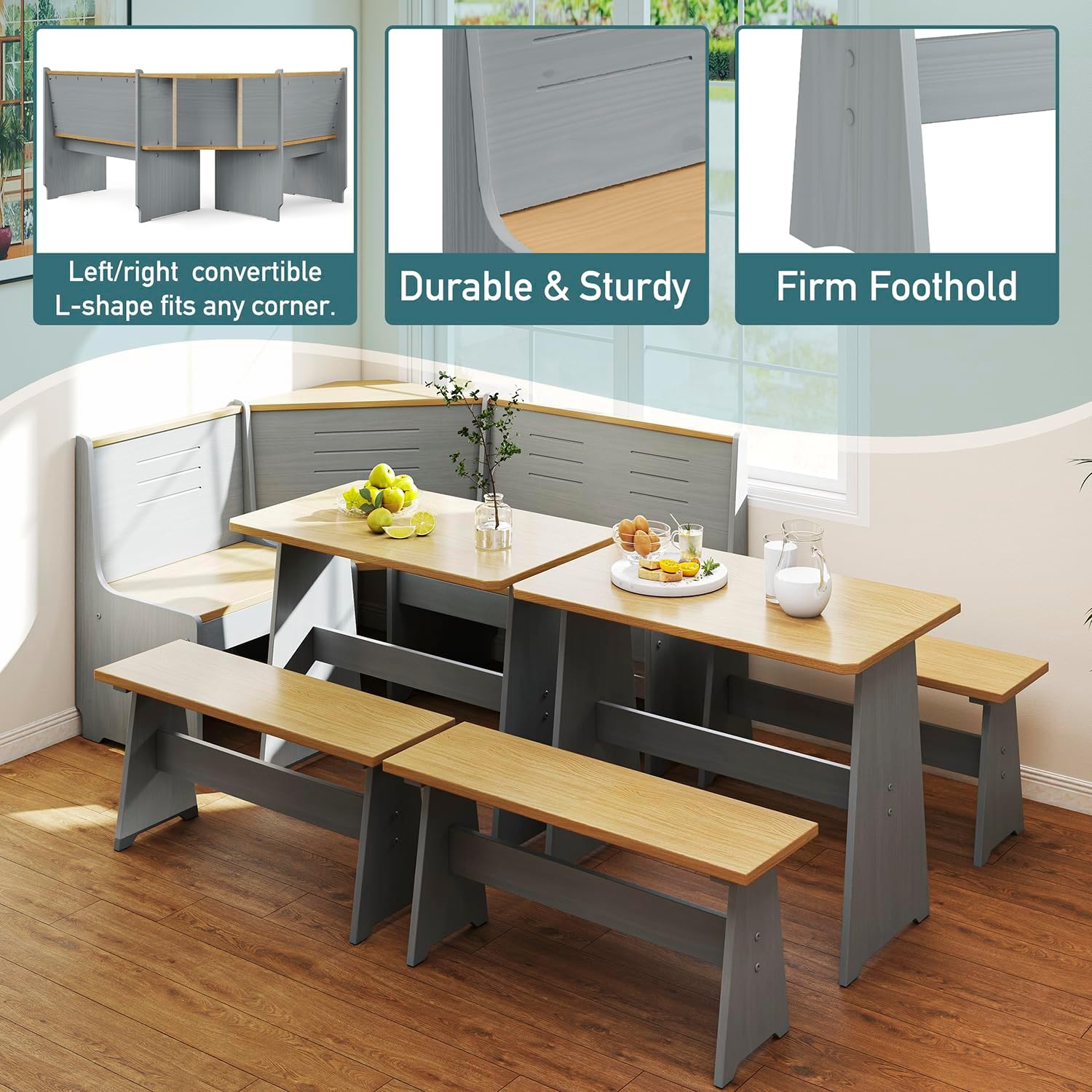 Breakfast Nook Kitchen Corner Dining Table with Bench Chair Set, Space-Saving 3-5 Seat L-Shape Set and 3-Piece Kitchen Nook Set for Family Home Grey Wood