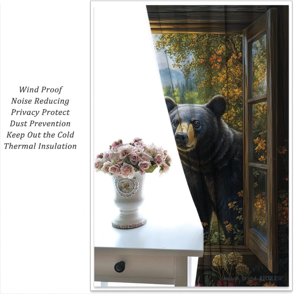 Black Bear Boy Girls Blackout Curtains, Country Farmhouse Hunting Cabin Animal Rustic Farm Nature Landscape, 2 Panel Rod Pocket Thermal Insulated Drapes for Bedroom Living Kids Room Deco 42x45 inch