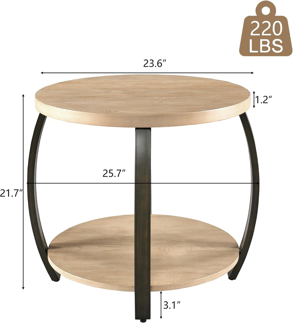 2-Tier Solid Wood Round End Table, American Rustic Circle Side Table Small Sofa Drum Table with Pine Wood Top & Curved Metal Legs for Living Room Bedroom, Natural Wood Color, 23.6" W x 21.7" H