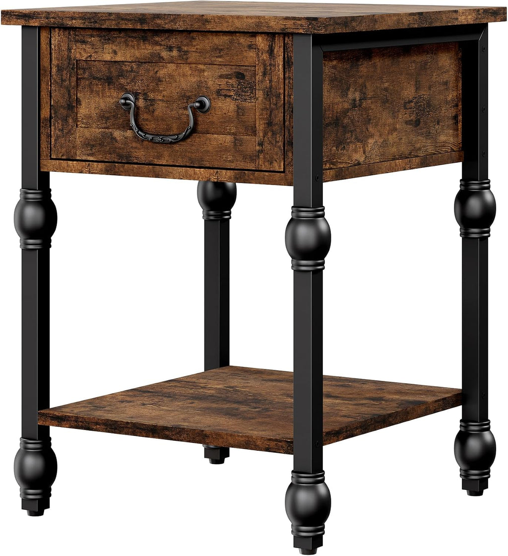 Roman Column End Table with Drawer, Vintage Industrial Side Table Nightstand, Retro Brown Single Drawer & Open Shelf Accent Table for Living Room, Bedroom, Office - Sturdy Metal & MDF Construction