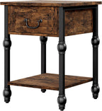 Roman Column End Table with Drawer, Vintage Industrial Side Table Nightstand, Retro Brown Single Drawer & Open Shelf Accent Table for Living Room, Bedroom, Office - Sturdy Metal & MDF Construction