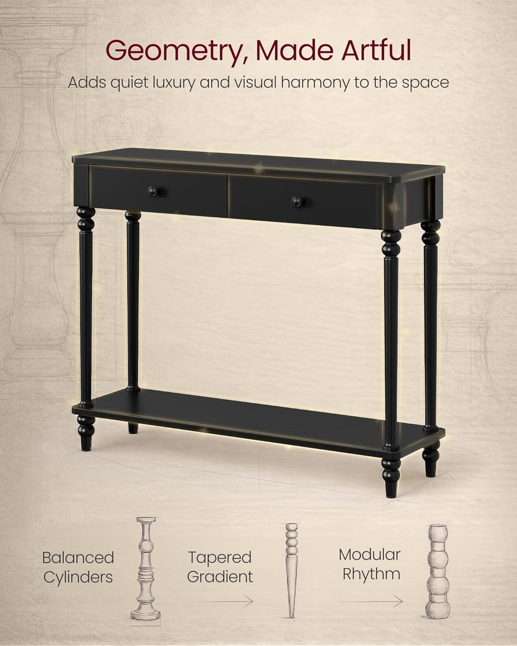 VASAGLE Mariel Collection - Console Table, Narrow Entryway Sofa Table with Drawers and Shelf, Solid Wood Legs, Mid-Century Modern, for Hallway Doorway Living Room, Ink Black ULNT139B101S