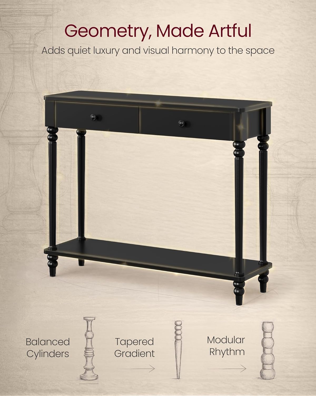 VASAGLE Mariel Collection - Console Table, Narrow Entryway Sofa Table with Drawers and Shelf, Solid Wood Legs, Mid-Century Modern, for Hallway Doorway Living Room, Ink Black ULNT139B101S