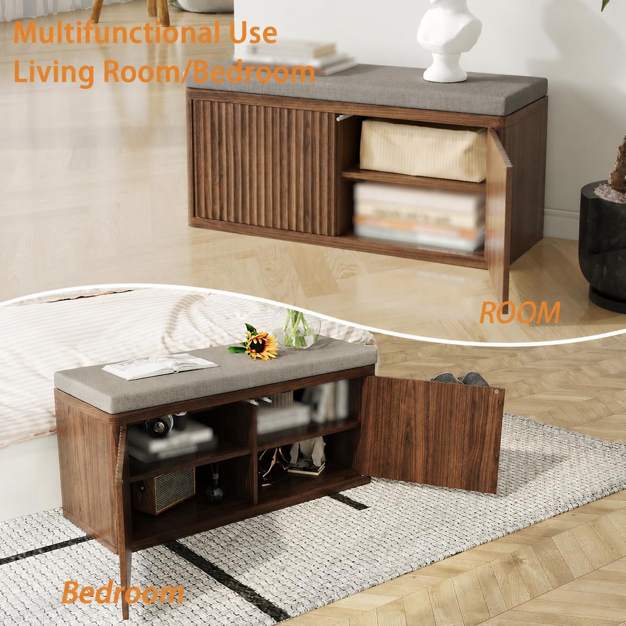 Shoe Cabinet Bench with Cushion,Double Layered Wooden Shoe Bench with Soft Cushion,Shoe Rack for Entryway,Bedroom,Living Room (Walnut Sturdy Entryway Bench)