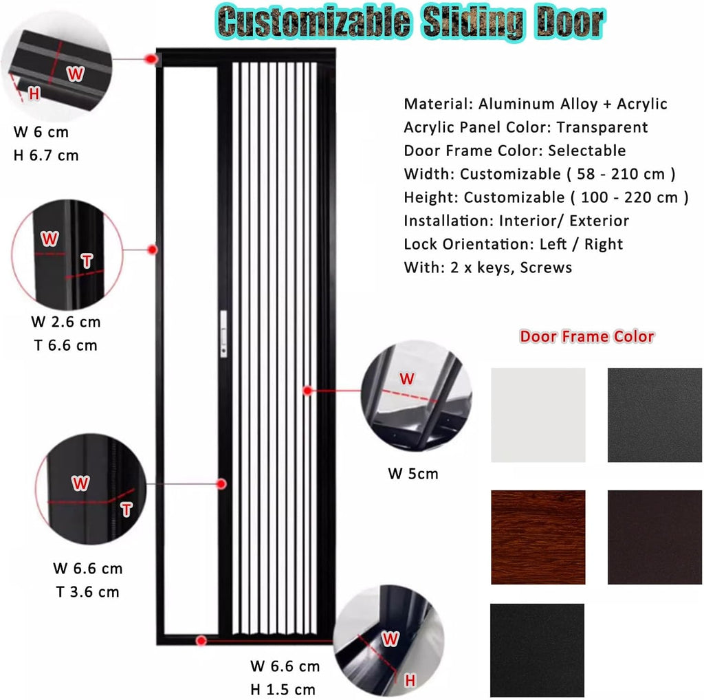 Retractable Folding Door for Bathroom Shower Balcony Storage, Acrylic Accordion Sliding Partition, 60 80 90 100 120 150 Cm Wide (68x203cm)