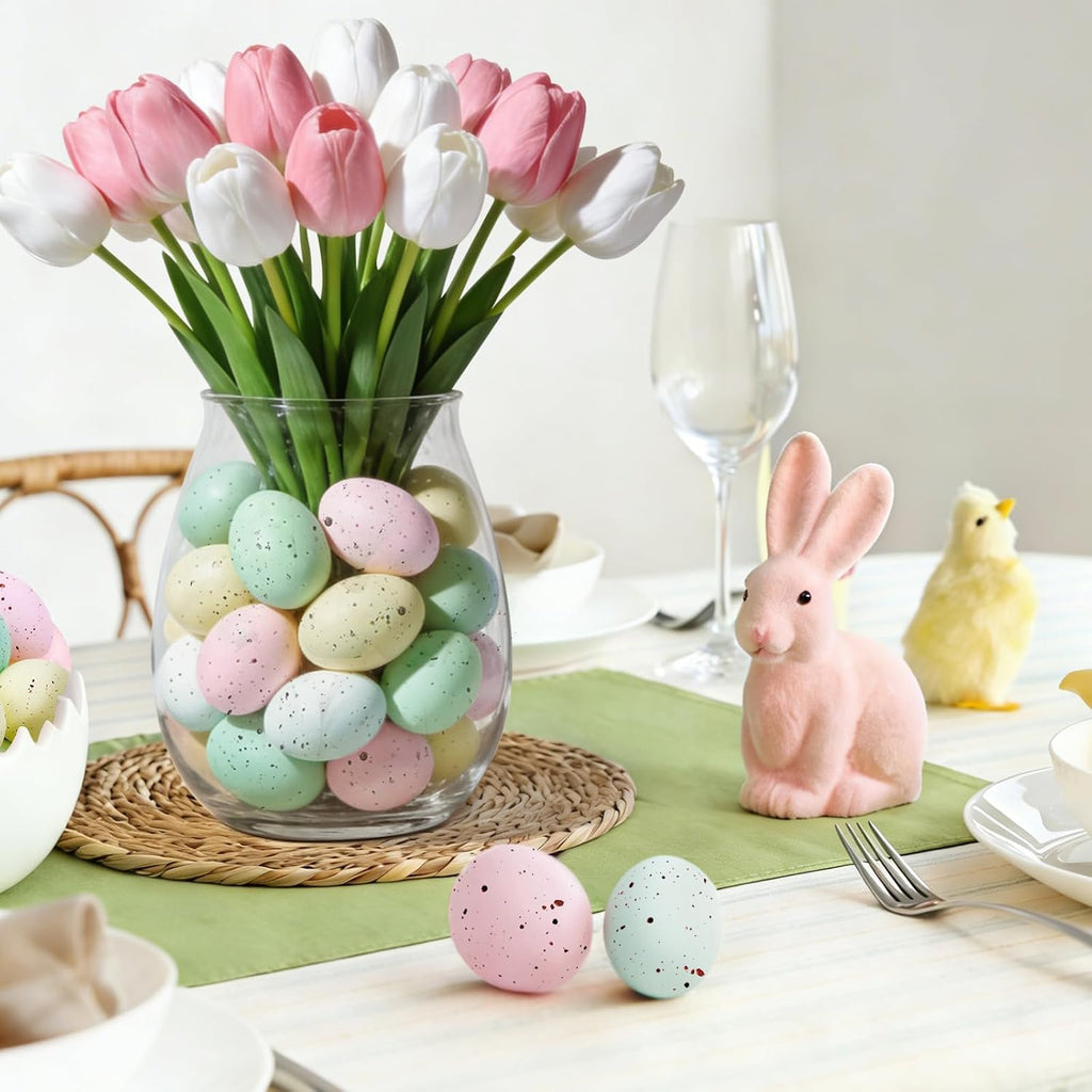 KJX 24 Pcs Plastic Speckled Easter Eggs, 2.4in 4 Colors Faux Pastel Speckled Eggs Bowl Vase Filler, Decorative Easter Eggs for Home Tables Centerpieces DIY Craft Spring Decor (Pastel)