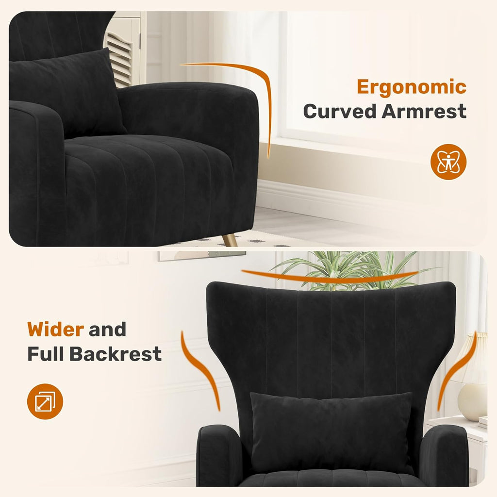 Luxanimarion Black Velvet Accent Chair Set of 2, Wingback Chair for Living Room, High Back Arm Chair with Golden Legs Lumbar Pillow, Upholstered Single Sofa Bedroom