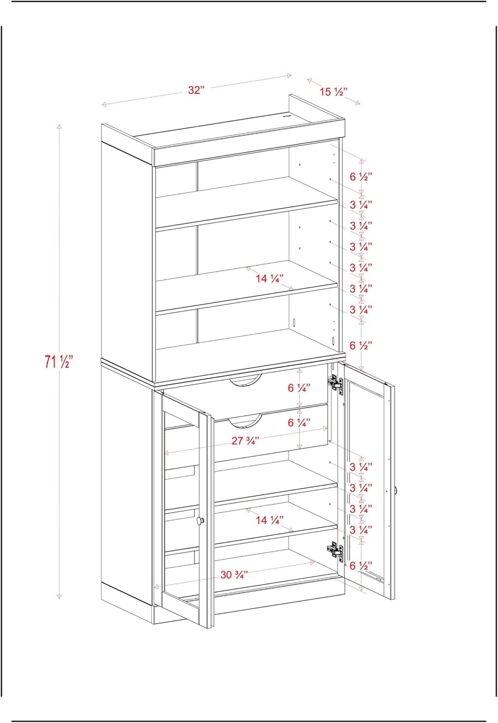 Palace Imports 100% Solid Wood 32"" Pantry Cabinet with Clear Glass Doors, 2-Drawers and Adjustable Shelves
