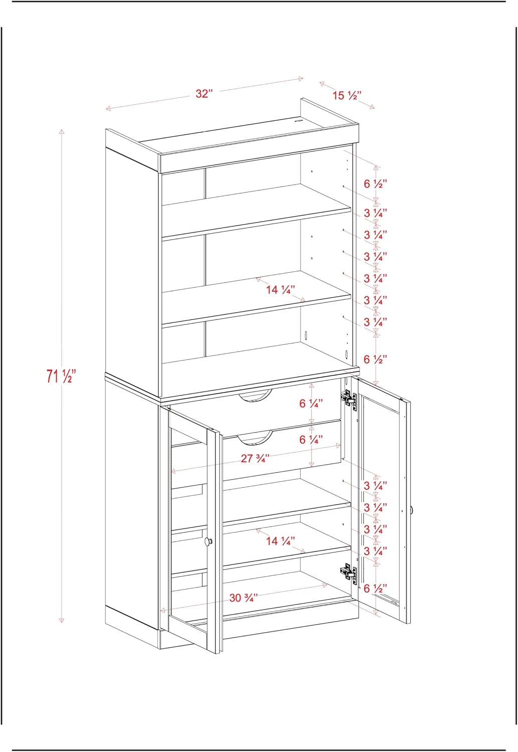 Palace Imports 100% Solid Wood 32"" Pantry Cabinet with Clear Glass Doors, 2-Drawers and Adjustable Shelves