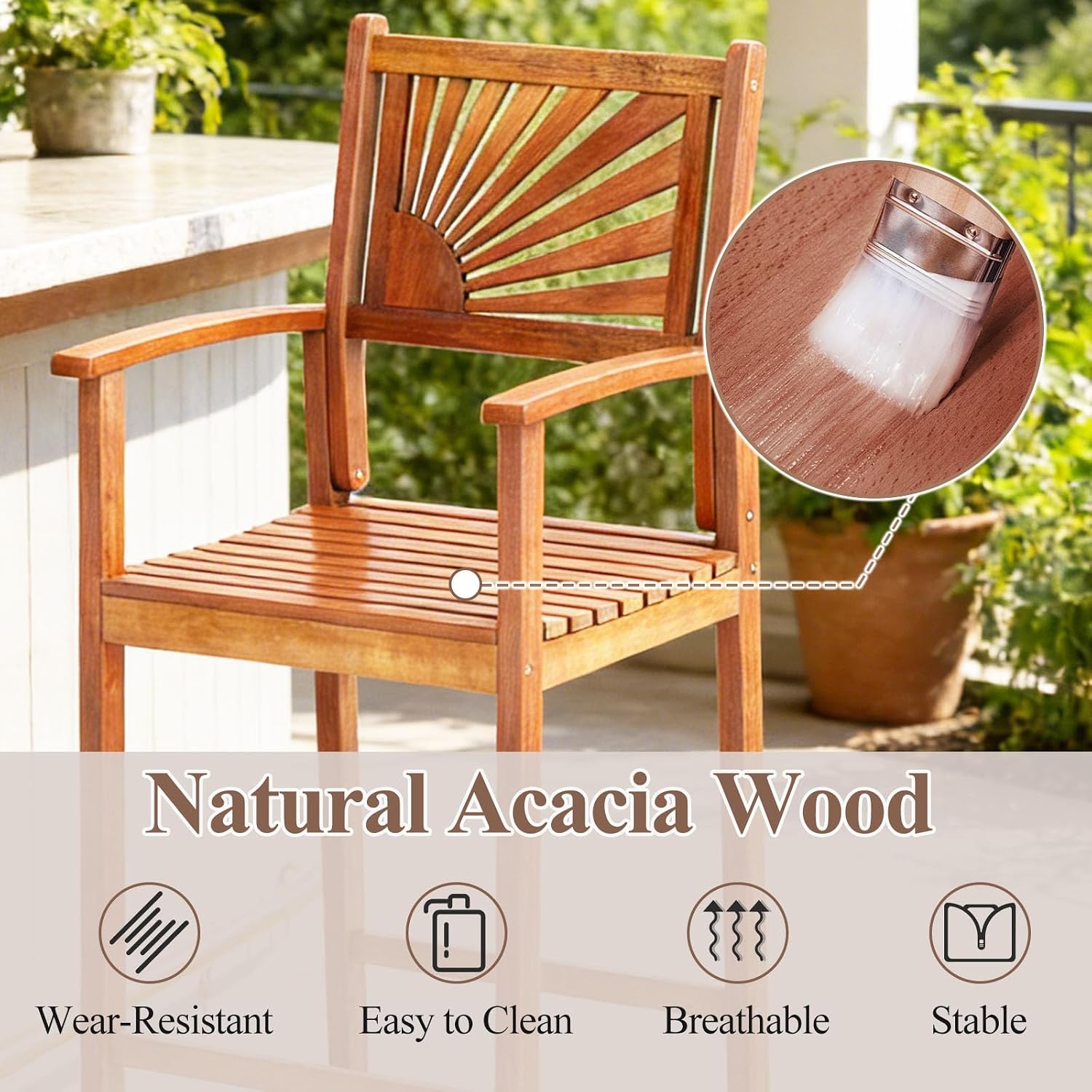 COSTWAY Outdoor Bar Chairs Set of 2, 29'' Tall Acacia Wood Barstools with Back Support, Armrest and Footrest, Patio High Top Chairs for Backyard, Poolside, Deck, Garden