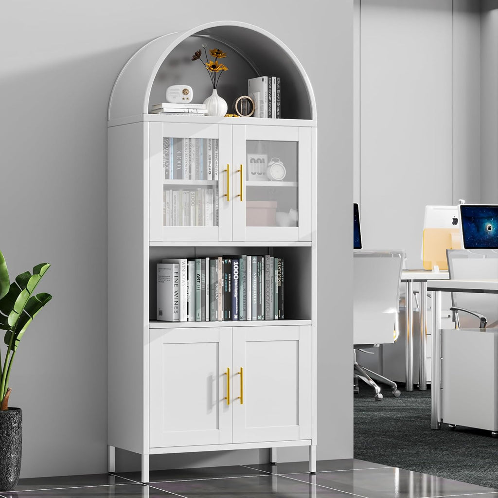 VEXPOR 73" Tall Arched Kitchen Pantry Cabinet with Doors, Metal Hutch Cabinet for Kitchen, Dining Room, Living Room, Assembly Required, White