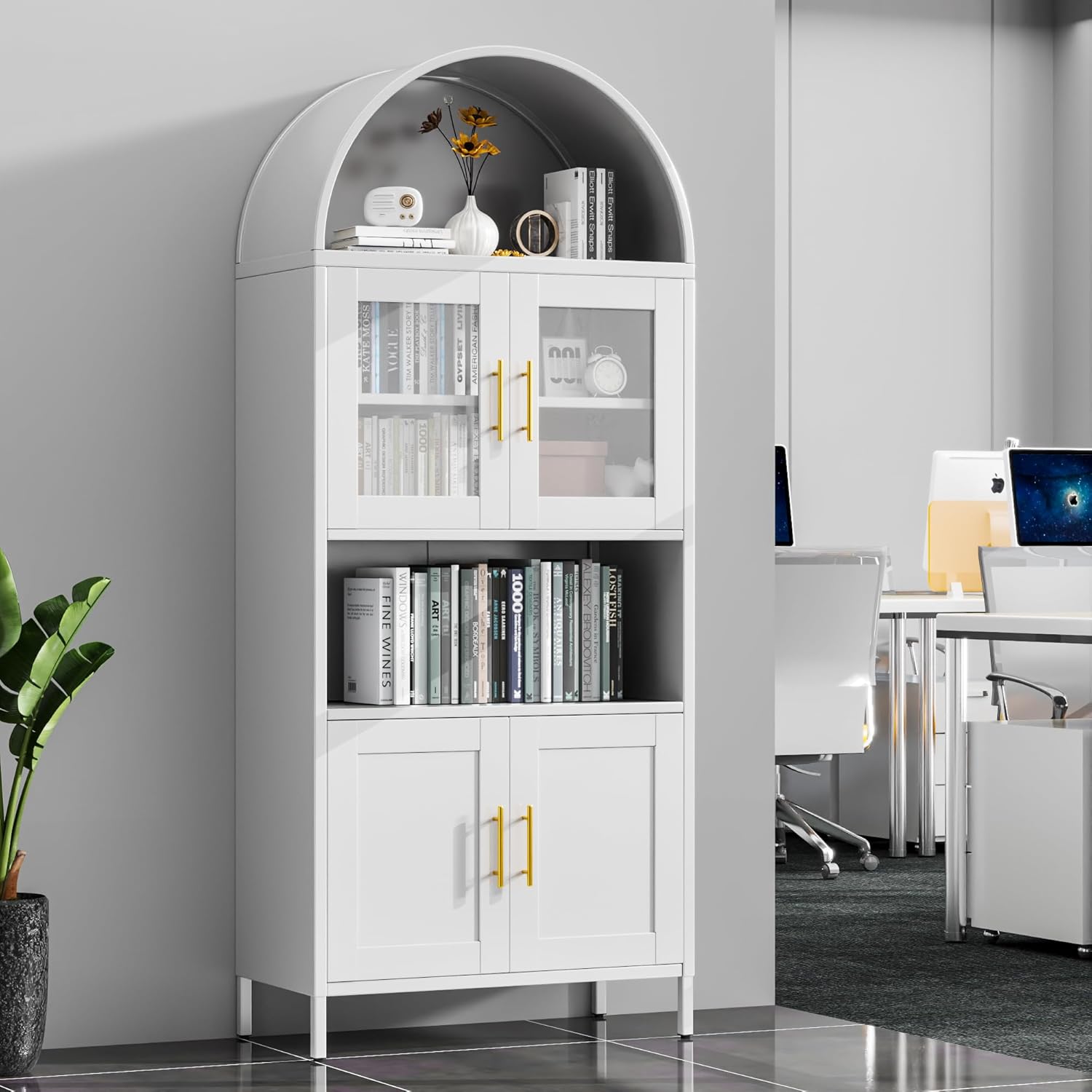 VEXPOR 73" Tall Arched Kitchen Pantry Cabinet with Doors, Metal Hutch Cabinet for Kitchen, Dining Room, Living Room, Assembly Required, White