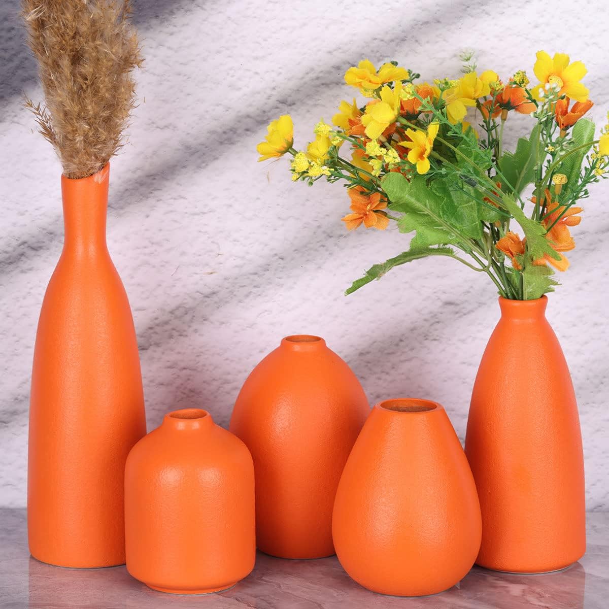 Orange Ceramic Small Vase Set of 5 - Modern Orange Decor Small Bud Vases for Floral Arrangements, Centerpieces for Weddings, Dinner Parties, Table Settings, Foyer, Bathroom Decorations