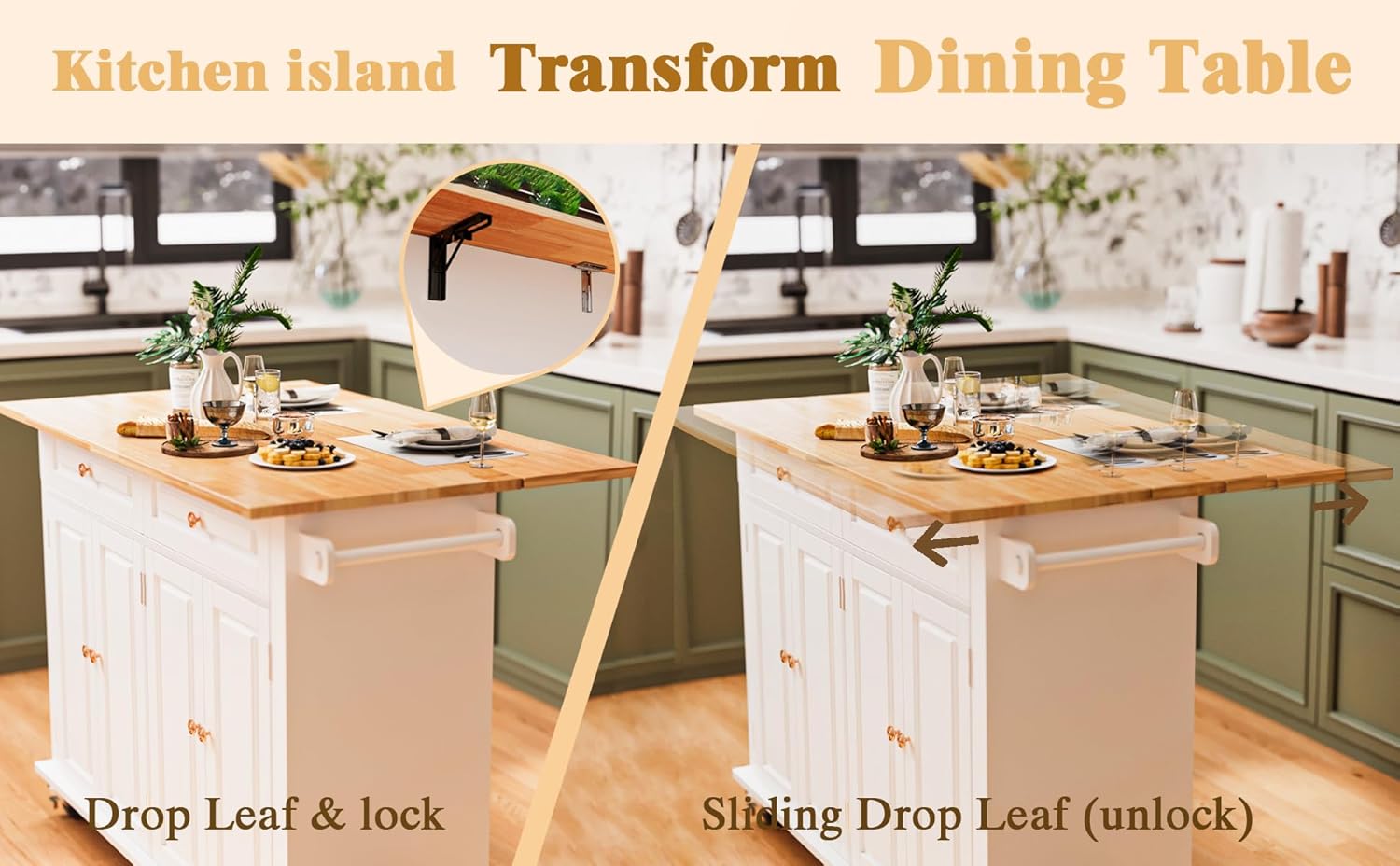 JassmiPkwy 51.2'' Rolling Kitchen Island with Drop Leaf - Kitchen Carts on Wheels with Storage, Towel Rack, Drawers Island Table for Kitchen, Dining Room, White
