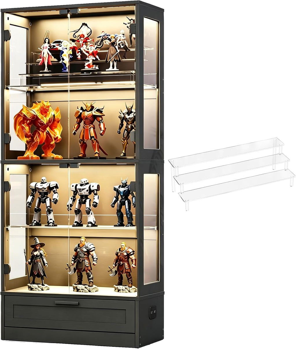 Glass Display Cabinet, 4-Tier Showcase with Drawer and Acrylic Layers, Glass Display Case & Bookcase with Human Body Sensor, 4-Tier Curio Cabinet with 3 Color Lights for Collectibles, Black