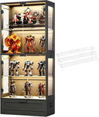 Glass Display Cabinet, 4-Tier Showcase with Drawer and Acrylic Layers, Glass Display Case & Bookcase with Human Body Sensor, 4-Tier Curio Cabinet with 3 Color Lights for Collectibles, Black