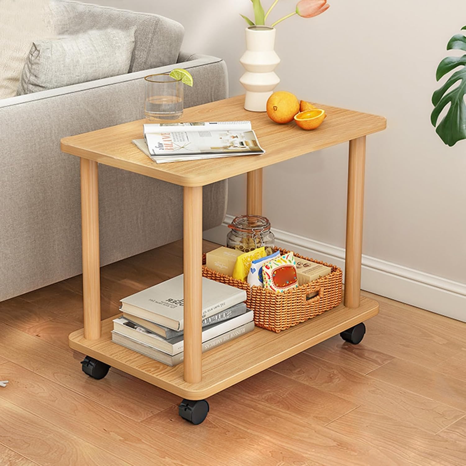 [Quick Reach 2-Tier Industrial Side Table with 360° Swivel Wheels, Heavy Duty MDF Solid Wood Storage Unit, Multipurpose Furniture for Living Room Bedroom Wooden Color