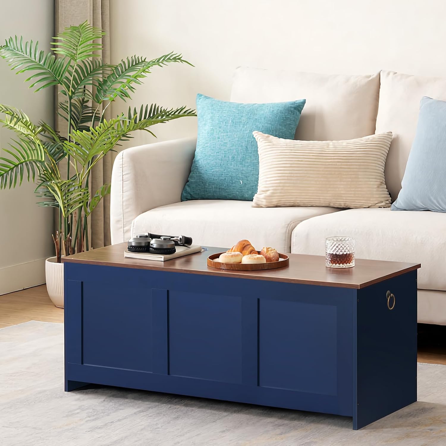 HOOBRO Storage Bench, 39.3" Retro Wooden Storage Chest, Wooden Storage Trunk, Toy Chest with Lift Top, Multifunctional Entryway Organizer, for Entryway, Living Room, Blue and Walnut UH141CW01G1
