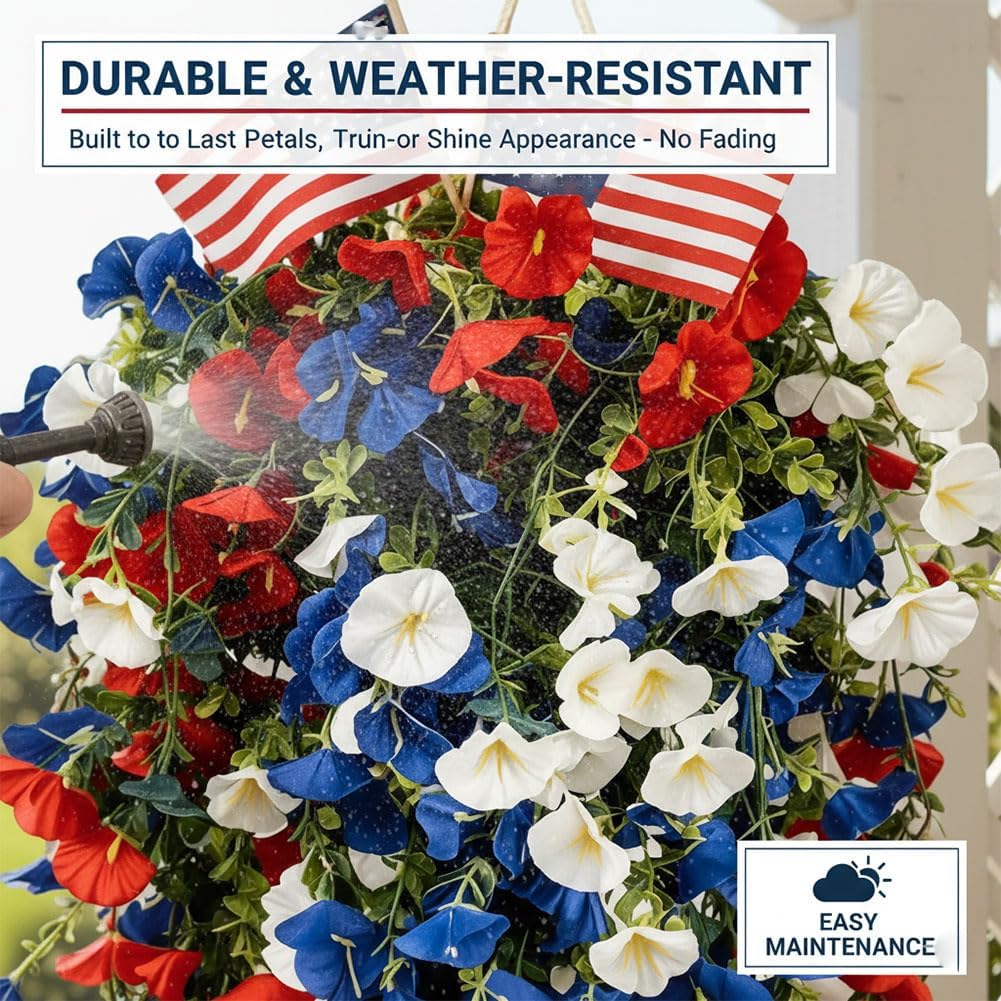 Red White and Blue Hanging Flowers for Outdoors, 4th of July Decoration Tricolor Patriotic Artificial Flower, Patriotic Artificial Flowers for Independence Day Decor, Celebration-Ready (2pcs)