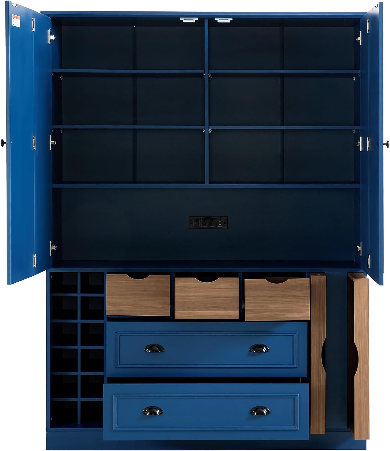 Large Kitchen Pantry Cabinet with 4 Foldable Doors and Storage Shelves, Farmhouse Freestanding Cupboard with Wine Racks, Power Outlet and Serving Trays (Blue)