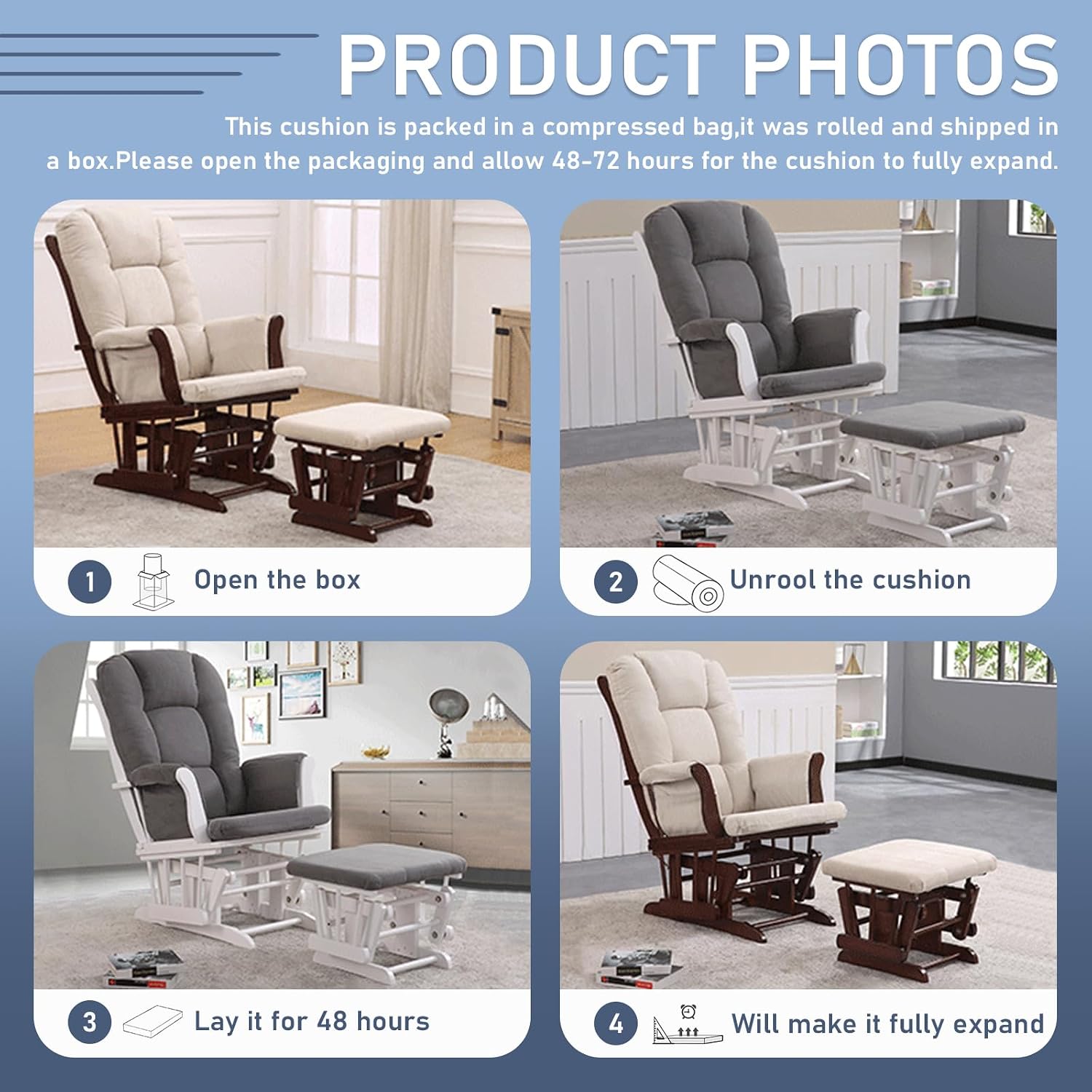 5 Pcs Extra Thick Glider Rocker Replacement Cushions Set - Soft Velvet Indoor Nursery Ottoman Cushions with Storage Pockets for Rocking Chair Comfort