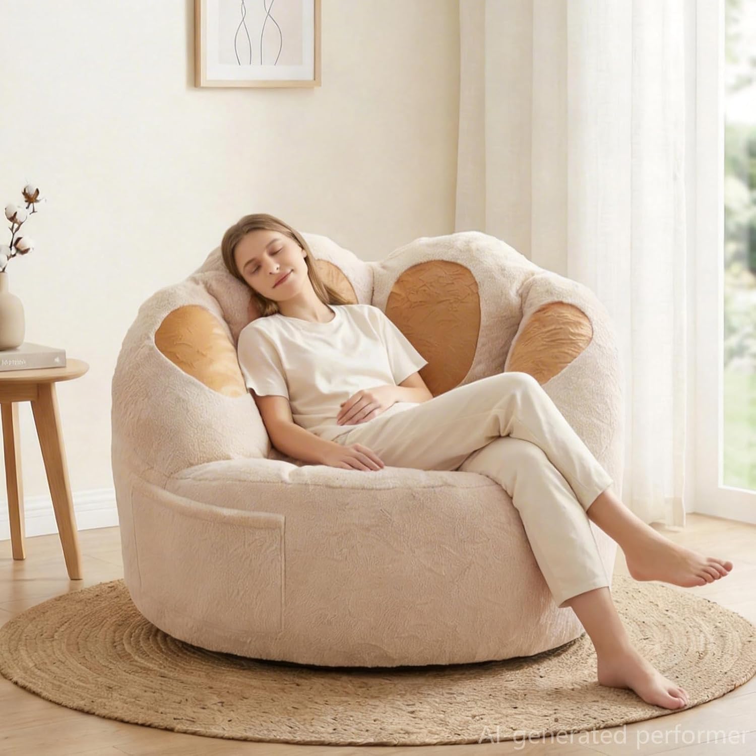 Achicsofar Bean Bag Chair for Adults Teens, Giant Faux Fur Beanbag Chairs | Cat's Paw Shape, Memory Foam Filled, Beige, Accent Floor Sofa, for Reading, Gaming, Relaxing, in Living Room, Bedroom, Dorm