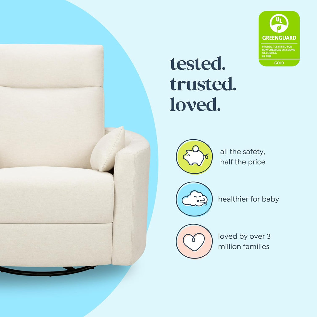 Davinci Atlas Upholstered Recliner and Swivel Glider in Vanilla | Nursery Glider Chair with High Back, Padded Armrests, and Bolster Pillows | Smooth Recline for Nursing and Feeding