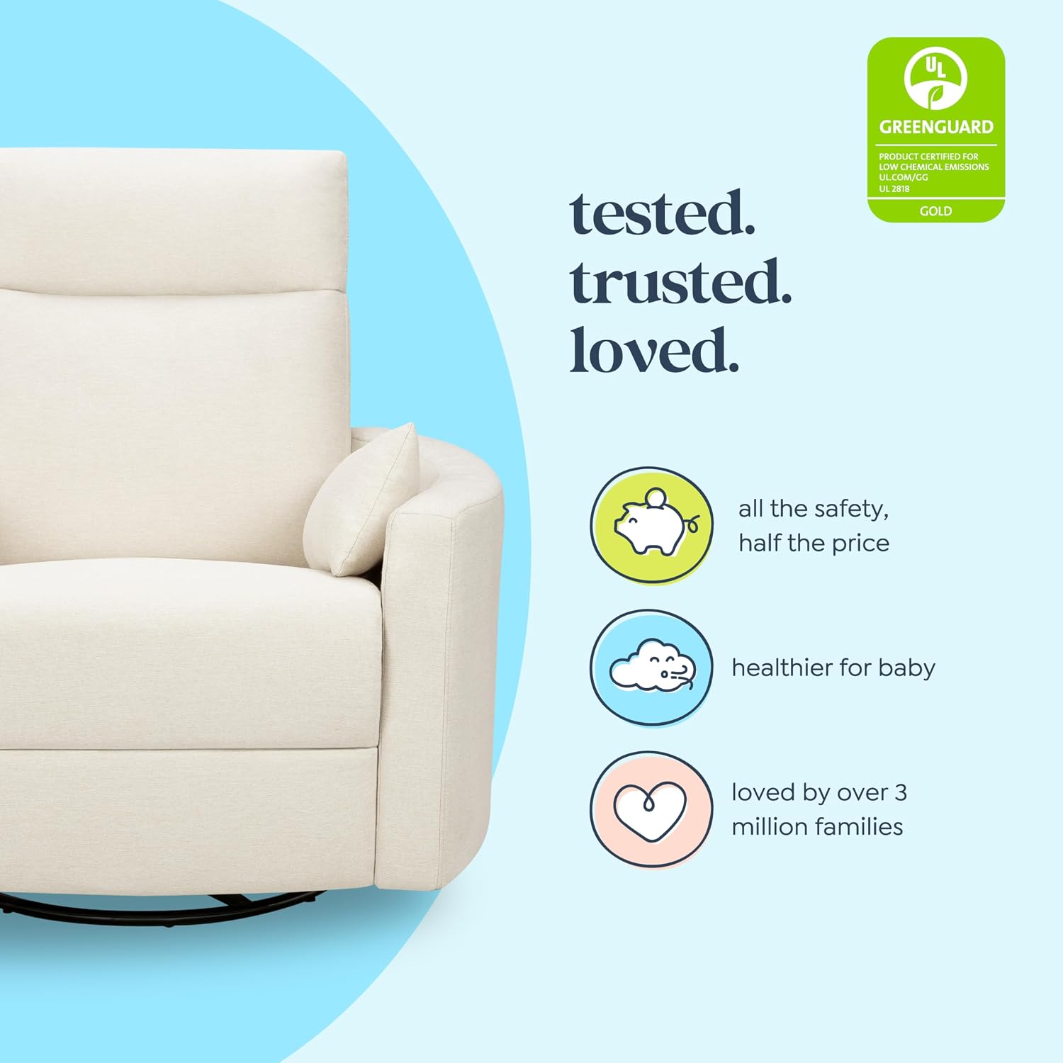 Davinci Atlas Upholstered Recliner and Swivel Glider in Vanilla | Nursery Glider Chair with High Back, Padded Armrests, and Bolster Pillows | Smooth Recline for Nursing and Feeding