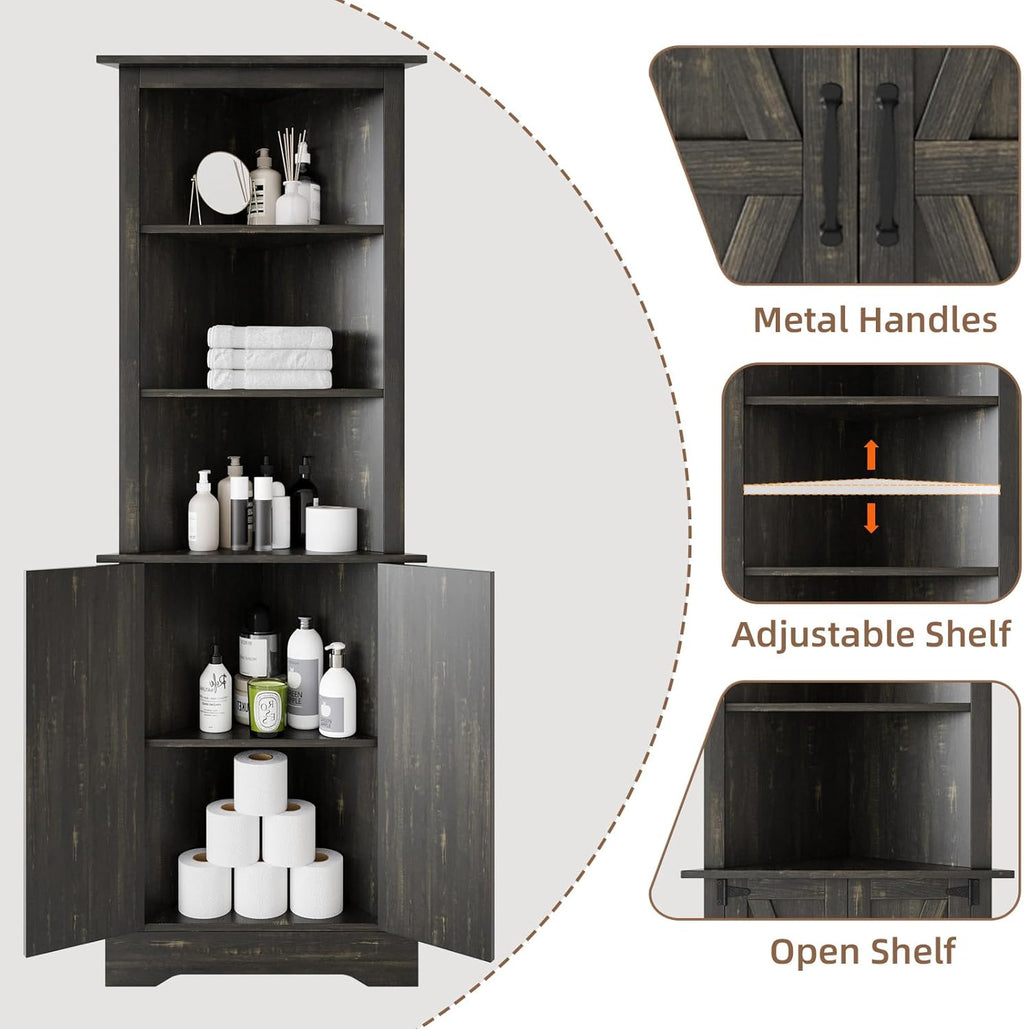 4 EVER WINNER Farmhouse Corner Cabinet, 68" Tall Corner Cabinet with 5-Tier Adjustable Shelves and Barn Doors for Small Spaces, Living Room, Dining Room, Hallway, Bathroom, Kitchen, Rustic Oak