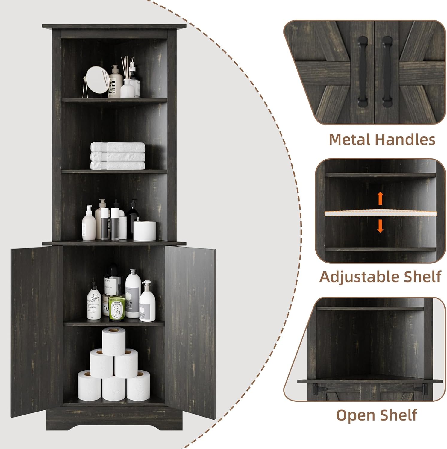 4 EVER WINNER Farmhouse Corner Cabinet, 68" Tall Corner Cabinet with 5-Tier Adjustable Shelves and Barn Doors for Small Spaces, Living Room, Dining Room, Hallway, Bathroom, Kitchen, Rustic Oak