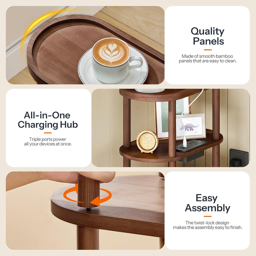 HOOBRO Small Narrow Side Table with Charging Station, 3-Tier Bamboo Narrow End Table, Slim Side Table for Small Spaces, Skinny Oval Nightstand for Living Room, Bedroom, Apartment, Mocha MA178UBZ01
