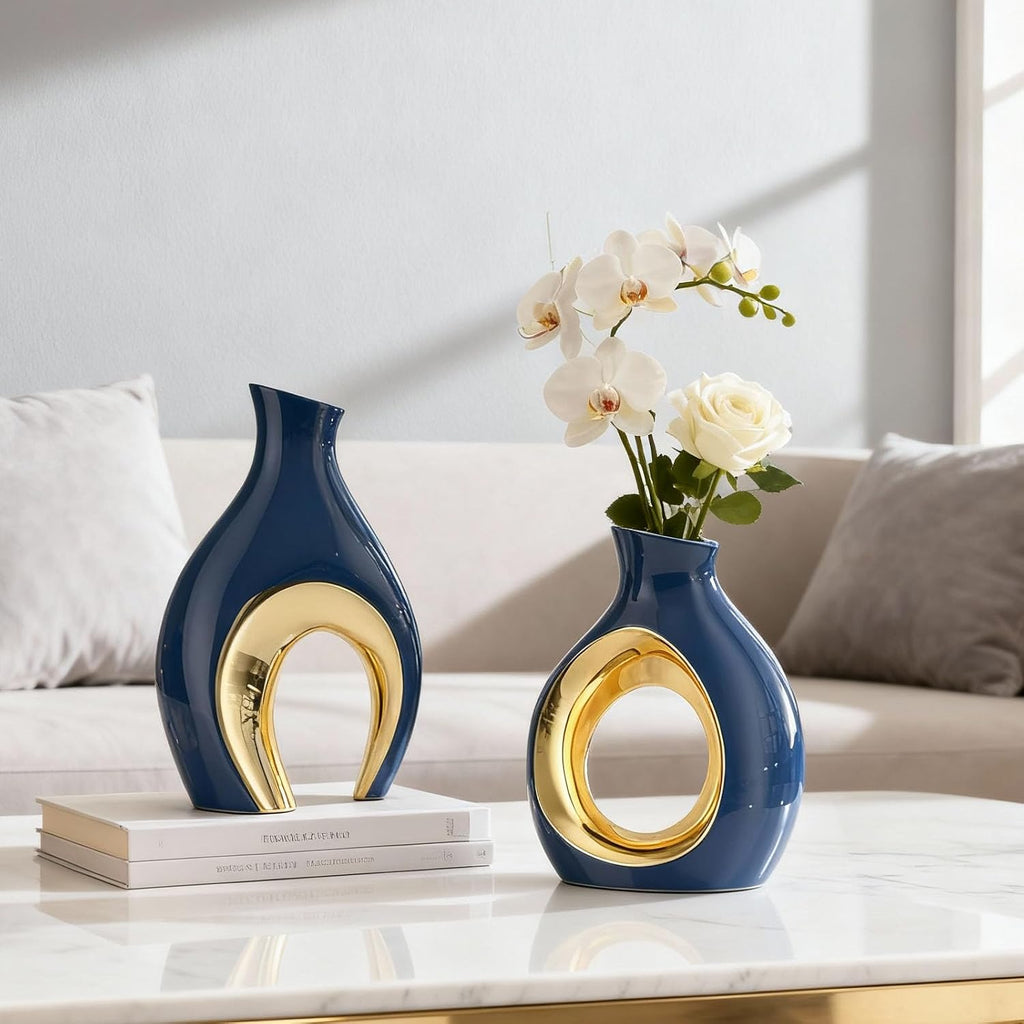 Hollow Ceramic Vase Set of 2,Nordic Modern Boho Decorative Ceramic Aesthetic Flower Vase for Home Decor,Minimalist Centerpiece Table Decorations,Wedding,Living Room,Bookshelf,Entryway (Blue)