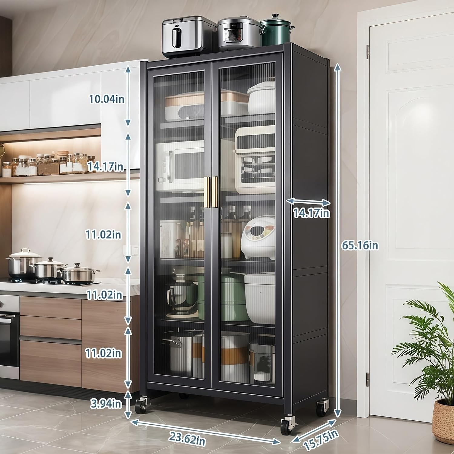 ZeHuoGe 65" Kitchen Pantry Storage Cabinet, 6 Tier Metal Display Storage Cabinet with Transparent Door, Adjustable Shelves & Wheels, Food Pantries Cabinets for Kitchen, Living Room and Dining Room