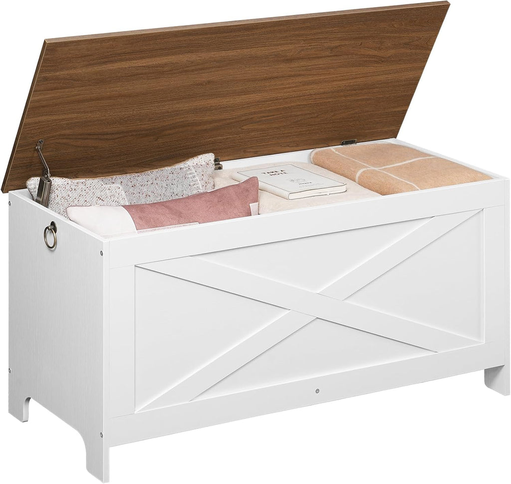 MAHANCRIS 39.4" Toy Chest, Sturdy Entryway Storage Chest with Safety Hinges, Retro Toy Box, Wooden Look Accent Furniture for Living Room, Bedroom, White+Walnut SCBZ48101